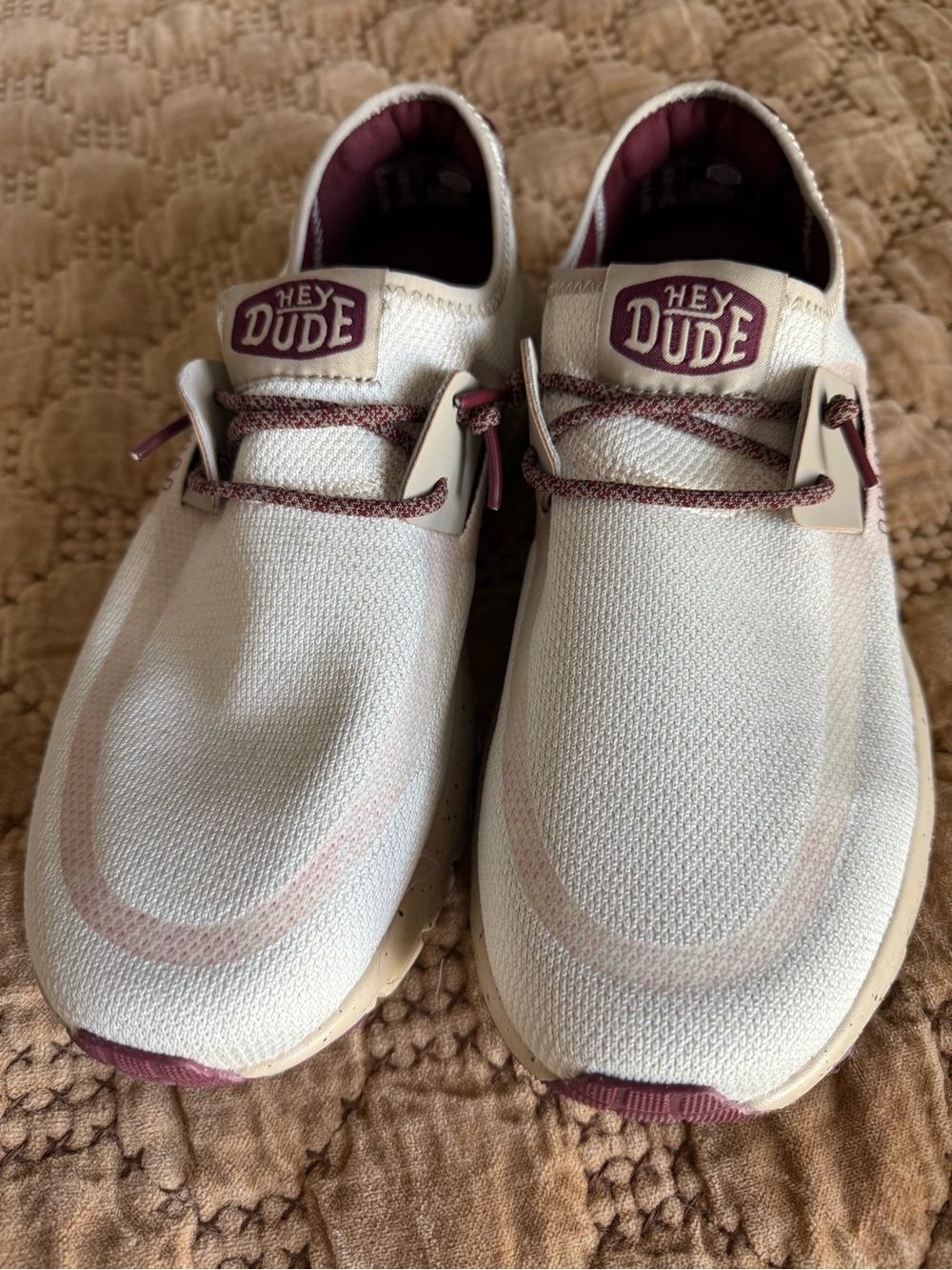 Hey Dude Men's Cream Canvas Slip-Ons with Maroon Accents